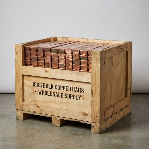 Professional product photography of a 10kg bulk masterbox crate of copper bullion bars, industrial packaging, light grey background, sharp focus, technical style.