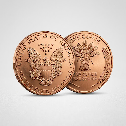 Professional product photography of a 1oz copper bullion round coin, detailed engraving, copper metallic sheen, light grey background, sharp focus, high contrast, clean presentation.